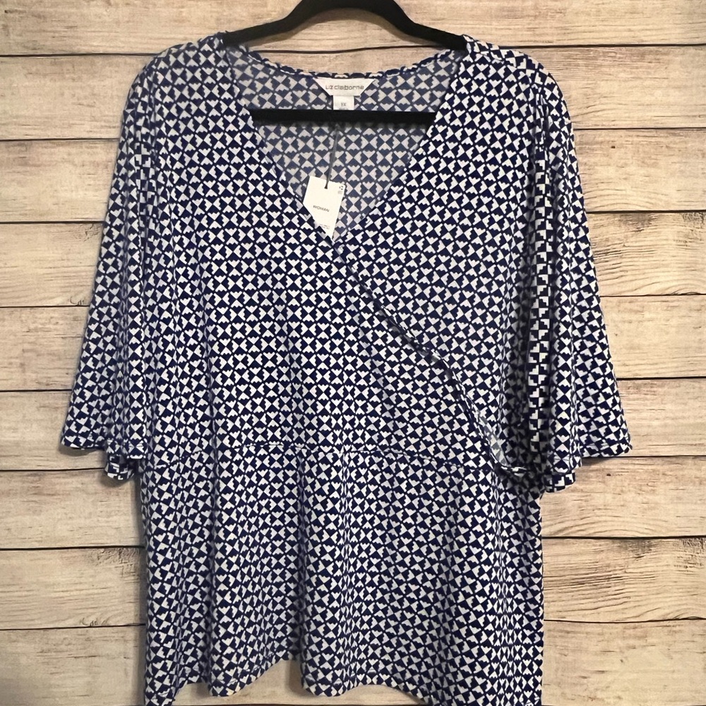 Liz Claiborne Blue and White Geometric Wrap Blouse NWT